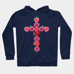 Floral Pink and Red Roses Flower Cross with Green Leaves Hoodie